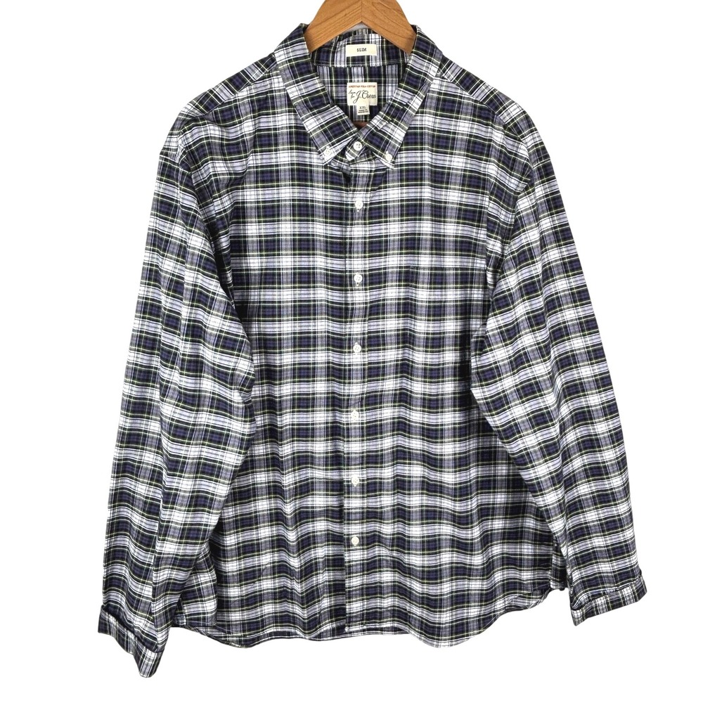 VTG J Crew Men LongSleeve Slim Button Shirt XXL American‎ Pima Cotton Plaid Prep